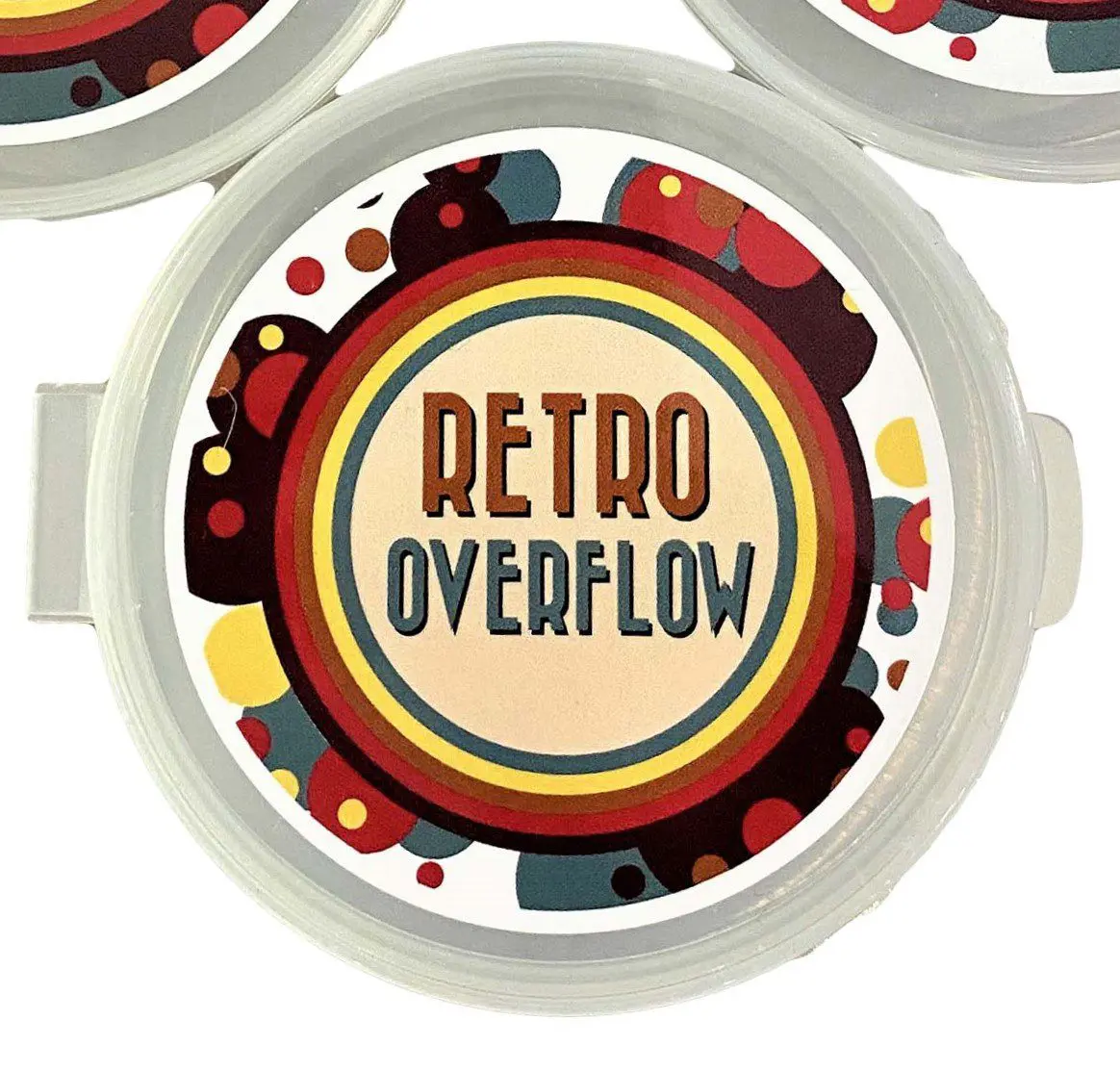 Retro Overflow Containers in various colors, designed for holding up to 2.5 oz of slime, showcasing their durability and compact, eco-friendly design