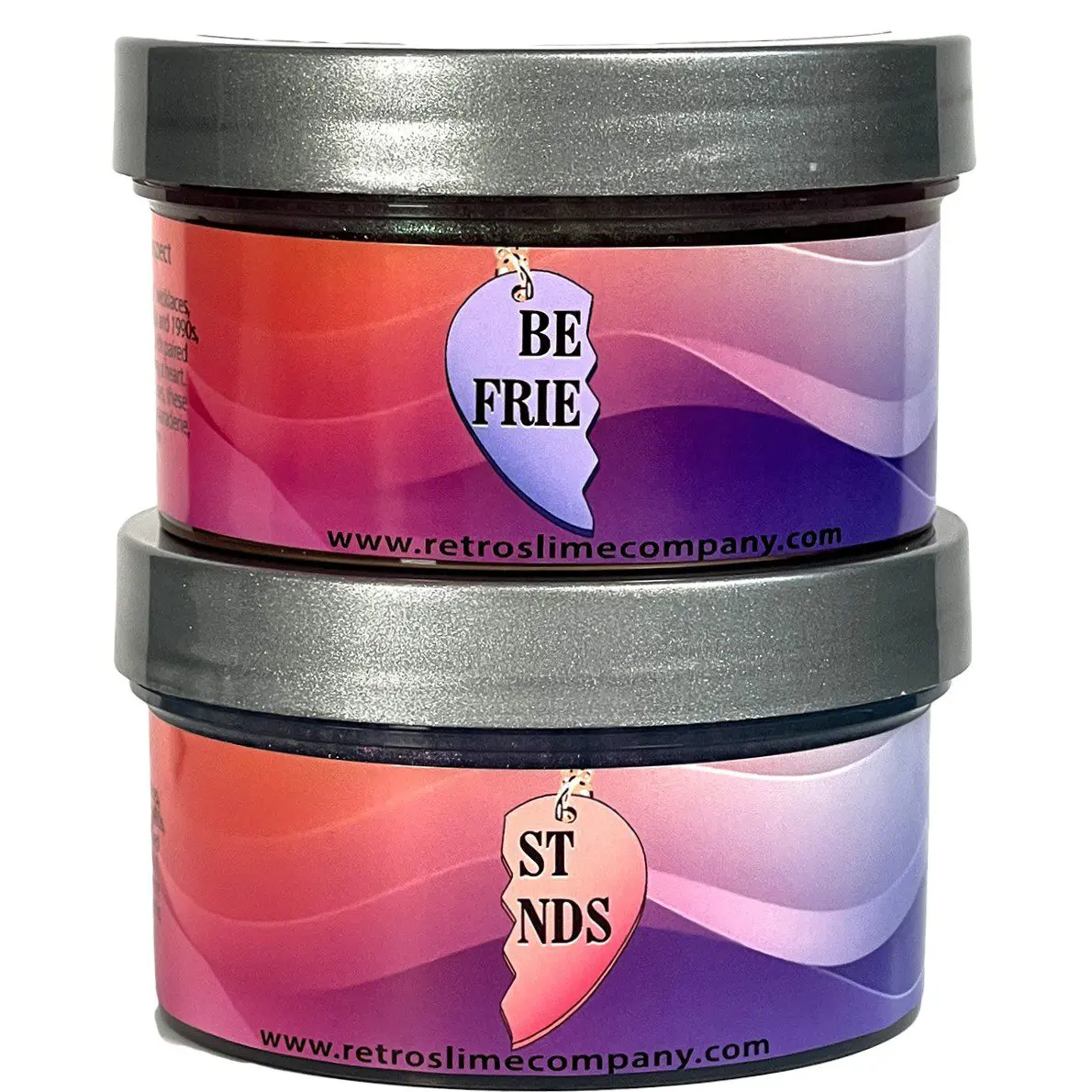 Best Friends Slime Set, two 8-ounce slimes with color-shifting putty texture, one shifting from blue to green and the other from orange to yellow, symbolizing friendship and unity.